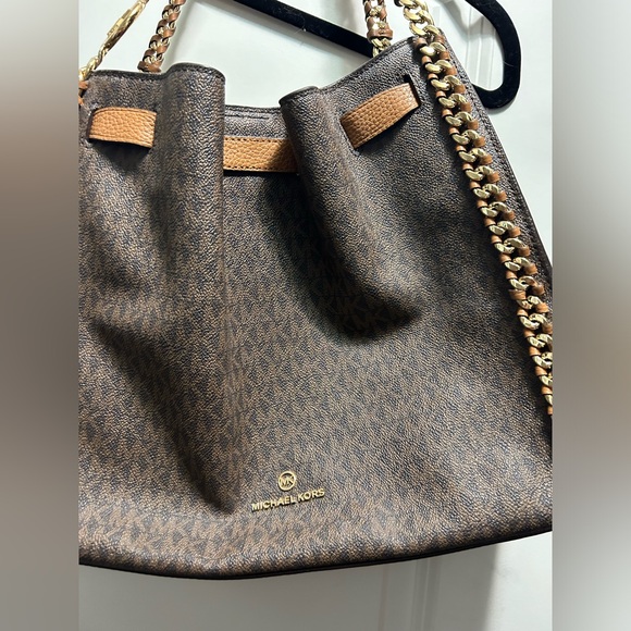 Large Michael Kors Mina Brown & Chestnut Logo Satchel with Gold Hardware - Picture 4 of 8